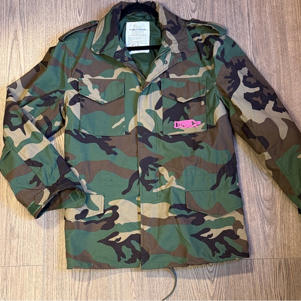 Custom Camo Military Jacket with Bold Pink Graphic